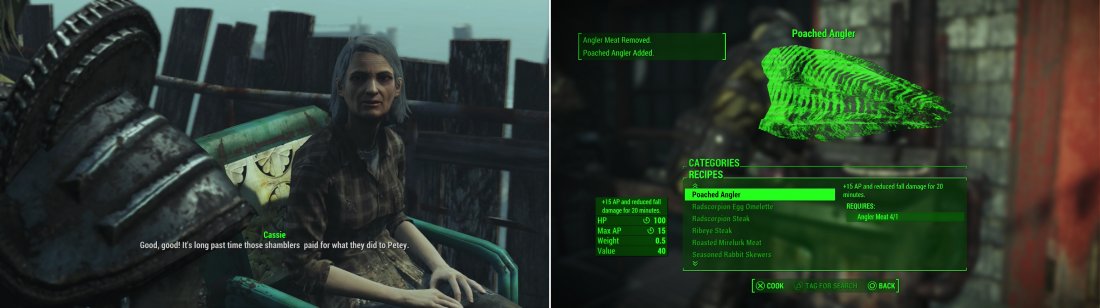 Cassie will hire you to avenge her family, who have been poorly treated by the island (left). Cook up some of the bits you gathered from the critters who attacked Far Harbor earlier to get the “Just Add Saltwater” trophy/achievement! (right)