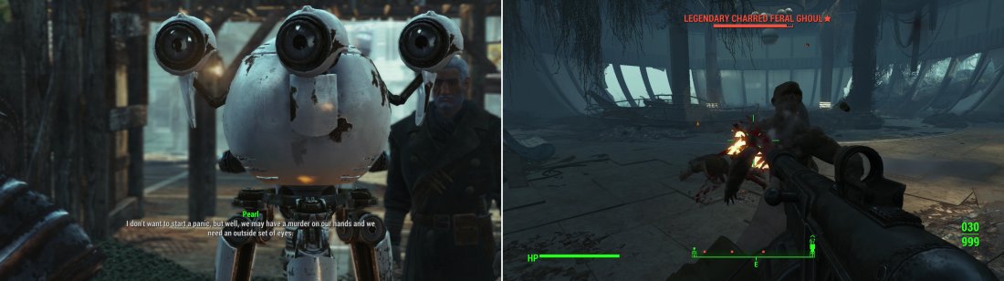 When you return to Far Harbor you may encounter the robot, Pearl, who is in need of a detective something fierce (left). The “rowdy” guests she was talking about just happen to be Feral Ghouls (right).