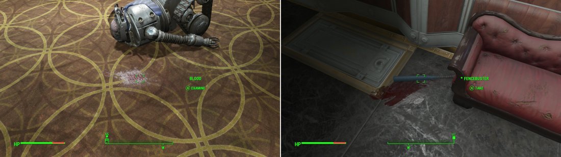 Investigate the “blood” (left) then find a plausible murder weapon not well-hidden nearby (right). The “blood” and the murder weapon point you towards your first two suspects.