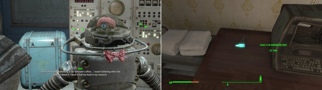 Chat with Bert to learn more about the peculiarities of Robobrains and to dig up another lead (left). Search Ezra’s room to find the Vault 118 Overseer’s Key (right).
