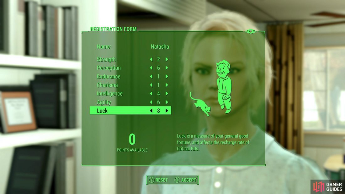 Assign your SPECIAL stats when talking to the Vault-Tec representative.