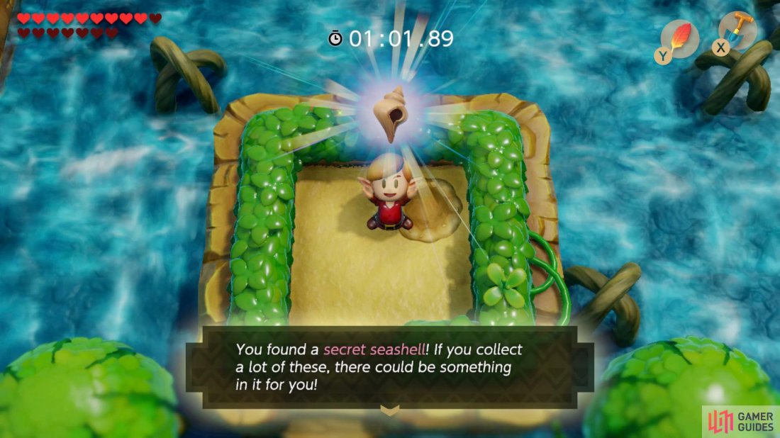 Use the Hookshot to pull yourself over to the center of the Rapids where the Secret Seashell will be waiting.