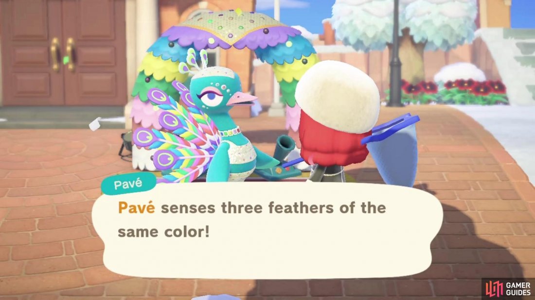 Find the colorful feathers and return them to Pavé for rewards!