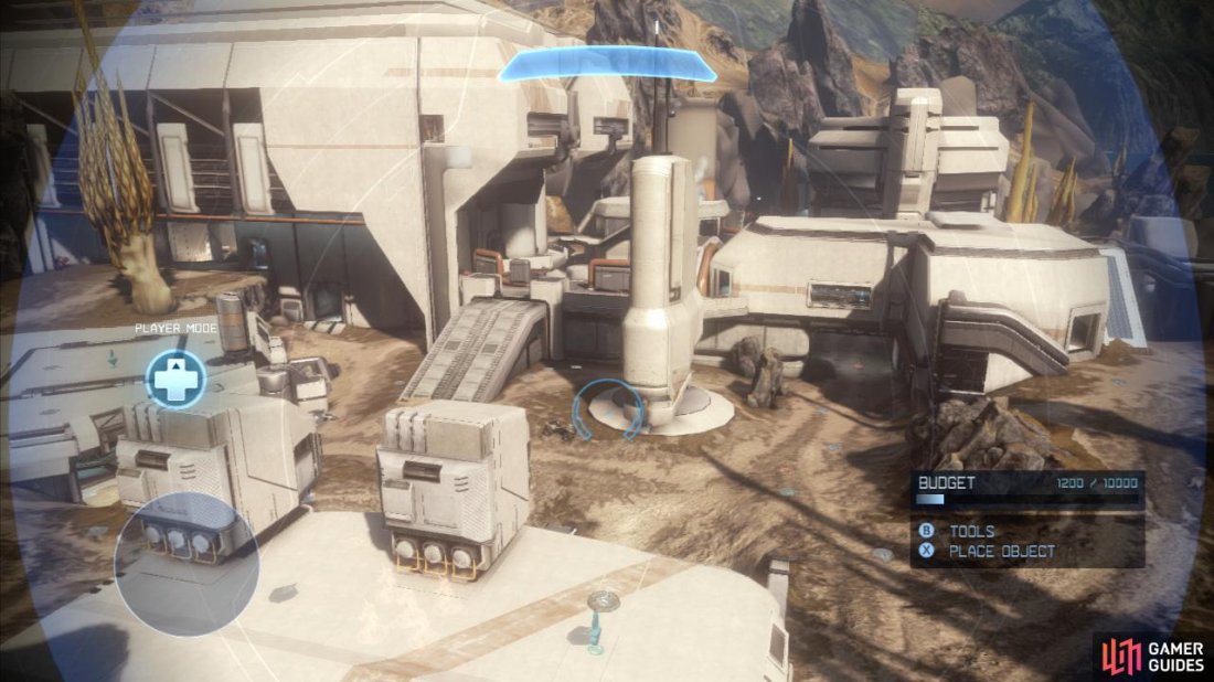 Complex is the first of Halo 4's big maps. It consists of a fairly open area populated by a main central building and several smaller adjacent and surrounding structures with plenty of exposed ground in between. Additionally, this map has vehicles with mongoose and ghost spawning positions near the buildings surrounding the central structure.  The red base features an above ground structure [Red Warehouse] near a water tank with a raised platform giving a good view over the open area below between the central structures and the base. The Blue base on the other hand exists in front of a large, closed gate and consists of a pair of underground structures: a garage type area [Blue Garage] and another building with a slightly elevated roof above it with a helipad [Blue helipad].  The large main structure [Factory] and its walled courtyard [Courtyard] split the map in half. The inside of the Central structure has two floors, with the bottom floor giving access to the ground level of the courtyard and exits to the outdoor areas facing both the red and blue bases. The upper floor has an open area at the back, allowing vehicles to traverse the two sides of the map and has open doors that lead out onto walkways above the courtyard below. One of these in turn leads to an adjacent structure close to the red base [Mini-Jerk]. Note there is a ramp leading to the roof of this building and there is also a gravity lift on the Red base side of this structure at ground level.  The walkway closest to the blue side and the walkway on the opposite side of the Red adjoining structure continue until they reach a secondary main building - the [Computer Room] that continues the line from the [Factory] to split the rest of the map in two.  The [Computer Room] building has a small indoor area and space for vehicles to travel below it. It also has a number of ramps leading up to its roof, which is a very good place for snipers to hole up. Thanks to its abundance of open areas, mid-long range combat is the order of the day on this map.  The tactically important areas are: [Factory], [Courtyard], [Computer Room], [Courtyard], [Mini-Jerk], [Red warehouse], [Blue Garage] and [Blue Helipad].