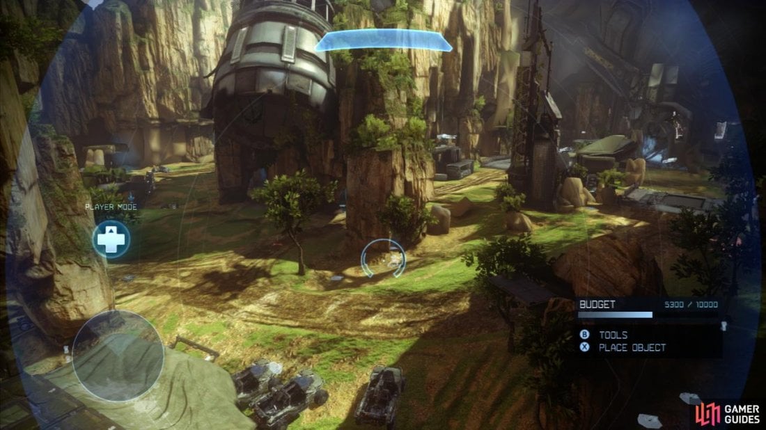 Exile is perhaps the largest map in Halo 4 and also one of the most enjoyable. It is based around the crashed star ship that still perches perilously atop the rocky cliffs around the edges of the area. The play area consists of a large central rocky structure with a few derelict buildings at its base and buildings caves of some description in all four directions away from the center.  The [Blue Base] is located in a large bunker nestled below a rocky cliff wall close to a large locked gate and across an open field from a turbine hanging off the rocky structure part of the center of the map. The inside of the base has a pair of floors, with the second floor having a passage out to a balcony area with a turret on it overlooking the open area below.  The [Red Base] is on the direct opposite side of the map from the [Blue Base]. It is smaller than the blue base and similarly features a lower and upper level. The bottom floor has a [Gold Lift] leading up to the second floor and the upper level has a turret overlooking the structures in the central region of the map.  The central area is essentially a giant doughnut with a road around the central region with a pair of bridges across trenches at different points around the ring. In front of the [Red Base] You'll see a structure in front and to the left [Campsite], there is a tarpaulin on top and a tunnel below as well as a ramp leading up to the top of the structure. To the right of these is the large rocky outcrop that dominates the center of the map and built into this is a [Control Center].  Below this is a series of tunnels that allow infantry to progress from one side of the map to the other. From the control center, there is also a ramp [Connector] leading down to a trench beneath a bridge. From here we can see a cave to the left [Alcove] containing the Scorpion on some game types.  To the left and right of the [Alcove] are tunnels providing safe passage for non-vehicular combatants to traverse the side of the map.  From the [Campsite] there is a passage through a trench below another bridge around the central road leading to a structure built into the cliff face [Hangar] there is a banshee in here on some game types. In this same area, you will also find a series of caves that lead from the [Red Base] side to the [Blue Base] side of the map.  Between the [Blue Base] and the cave leading to the [Hanger] to the left you'll find a jump pad [Valley lift] that will deposit you on a platform in the cave system housing the [Control Center]. Between the [Red Base] and the [Alcove] you will find another jump pad [Red Lift] which will deposit you at the entrance to the [Red base].  Either side of the [Hangar] building you will find rocky structures [Red Rocks] and [Blue Rocks] that will provide some cover for advancing ground forces from vehicle fire and some good sniping positions.  The tactically important areas are: [Blue Base], [Red Base], [Gold Lift], [campsite], [Control Center], [Connector], [Alcove], [Hangar], [Valley Lift] [Red Lift], [Red Rocks] and [Blue Rocks]