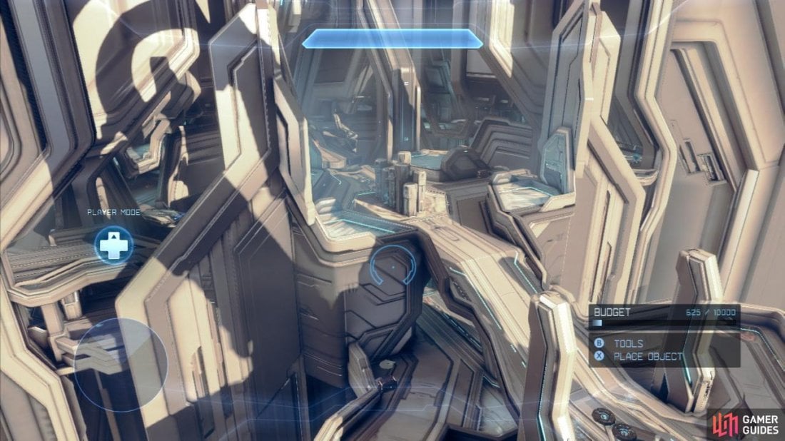 Haven is another of Halo 4's small maps. It features a large Promethean structure with two levels throughout. The red and blue bases are separated by a short bridge with a large semi-circular platform providing an alternate route. The upper level feels more open and thus tailored towards mid-long range playing styles whilst the lower deck feels more cramped and claustrophobic, giving those short-mid range styles of gameplay a place to shine as well.  The Blue Base is located on the diamond-shaped ramp [Open Ramp], which is the largest of the four downwards ramps. The Red base is located on the ramp [Closed Ramp] across the bridge [Closed Bridge] directly opposite the Open ramp. On the top deck of the map, the largest platform is close to the blue base. From this, a straight lengthy platform extends to either side [Blue Bridge] and [Red Bridge]. At the end of each of these platforms are ramps leading down to the lower deck [Blue Ramp] and [Red Ramp]. Also the beginning of the upper semi-circular platform [Red Street] and [Red Street] which come together directly in front of the Closed Ramp.  At several points around the upper deck of the map, there are gaps along the wall of the upper circle and cracks in the bridge and upper straight platforms that will allow you to quickly access the lower deck if required.  The lower platform is almost identical to the top deck. The difference here is there a lot more structural obstructions about. This again is made up of a lower bridge [Closed Tunnel], a long, straight lower hallway [Red Tunnel] and [Blue Ramp] a lower semi-circular pathway [Lower Circle]. The lower circle here also features a pair of blue jump pads that will place players back on the upper deck.  The tactically important areas are: [Open Ramp], [Closed Bridge], [Red Bridge], [Blue Bridge], [Red Street], [Blue Street], [Closed Ramp], [Red Ramp], [Blue Ramp], [Closed Tunnel], [Blue Tunnel], [Red Tunnel], [Lower Circle].