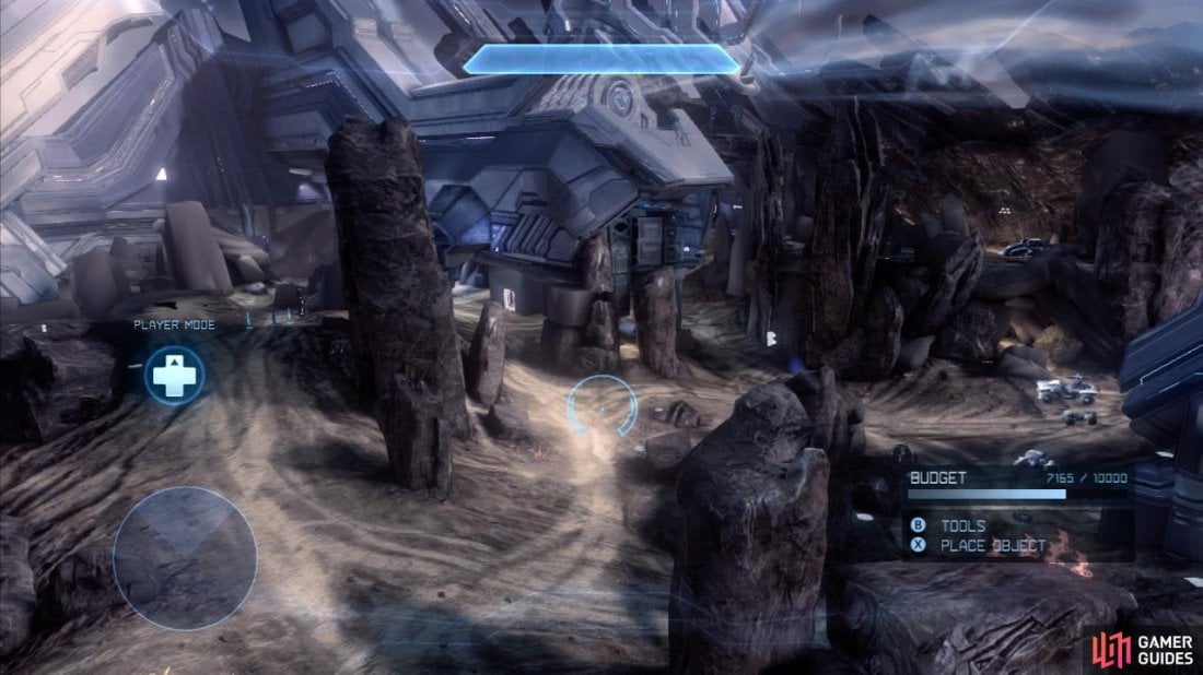 Vortex is one of the largest of Halo 4's maps and features four structures, a whole lot of open areas and a good number of vehicles scattered about. You will notice that at one side of the map the main building joins with another above the play area and raises into the sky the [Blue Base] is located in a cave here, so we'll be calling this the blue side. On the opposite side of the map is a standalone structure with open sky and a cliff behind it. This is the [Red Base] and therefore, the Red side of the map.  The centerpiece of Vortex is the large Wind Tunnel Building [Wind Tunnel] that occupies the center of the zone. The building is elevated and there is a ramp and bridge leading up to it from either side of the map. Beneath the structure are three gravity lifts [wind Trampoline] in the direct center, [Red Trampoline] at the edge of the structure in the rocks close to the [Red Base] and [Blue Trampoline] on the opposite side from the Red lift.  Opposite the ramp leading up to the [Wind Tunnel] you will find a standalone building we'll call [Limbo] and on the opposite side of the map from here is a bridge from the [wind Tunnel] leading to a cave [Generator Cave]. [Limbo] has a gravity lift allowing access from the lower area. Both of these locations have vehicles for use.  From the [Generator Cave] and [Limbo], you will be able to cruise around the very outside of the map through cave systems and paths between rocks to access both the [Red Base] and the [Blue Base]. Between the [Generator cave] and the [Red Base] you will find a raised platform with a turret.  The [Red Base] and [Blue Base] both feature indoor areas with a number of vehicles outside. From the front of each of these you will find a diagonal jump pad [Red Lift] and [Blue Lift] which will deposit you on the second floor of the [Wind Tunnel].  In the open areas between the [Wind Tunnel] and the other structures are several raised areas that give a nice vantage point over the map and plenty of rocks to hide behind. Directly between the [Generator Cave] and the [Red Base] is a large rocky dune we'll identify as [Dunes] that has tunnels leading up and down from the ground level to the ledge. Likewise between the [Limbo] building and the [Red Base] is a large rocky outcrop with another turret on it. Between the [Limbo] building and the [Blue Base] is a stone arch with a turret [Near Gate] overlooking the area below. Directly beneath this is a tunnel leading from this ledge to the lower section of the map below.  The tactically important areas are: [Red Base], [Blue Base], [Wind Tunnel], [Red Trampoline], [Blue Trampoline], [Wind Trampoline], [Limbo], [Generator Cave], [Red Lift], [Blue Lift], [Dunes], [Near Gate].