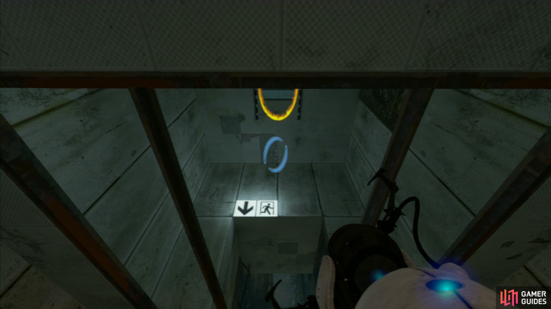 Wondering where to go in the exit? Simply drop a portal by your feet and you’ll drop through the roof above. Walk up the broken glass and take the left towards the lift to the next test chamber.