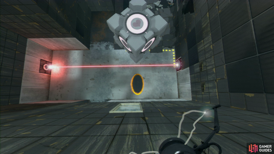 Look for what colour the portal is below you and change its location so it’s facing upwards. Pick up the Companion Cube and fall down towards the portal, you’ll fly out of the angled wall towards the red button.