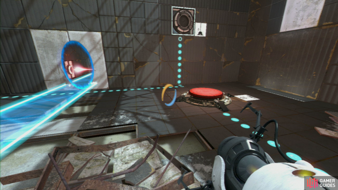 After placing the first portal on the white wall panel (on the left side of the chamber), turn around and look up and to your right. The second portal should go where the bridge meets the wall. Now walk through the portals to the Companion Cube.