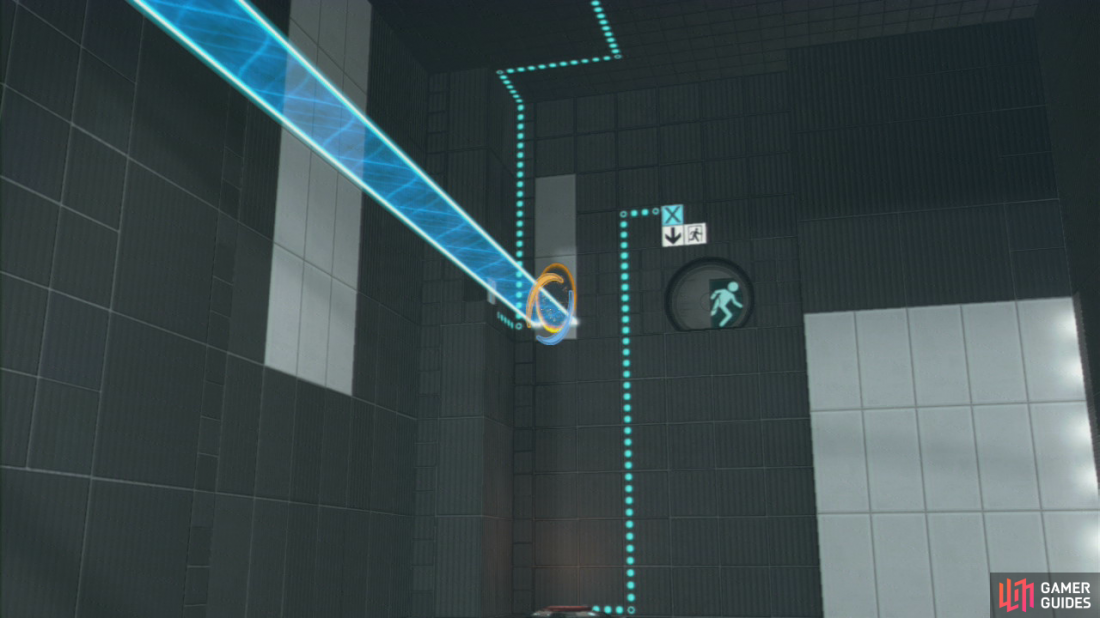 Once you enter the room, position your first portal on the wall with the light bridge and then set the exit portal up by the red plunger in the top-left corner of the room.
