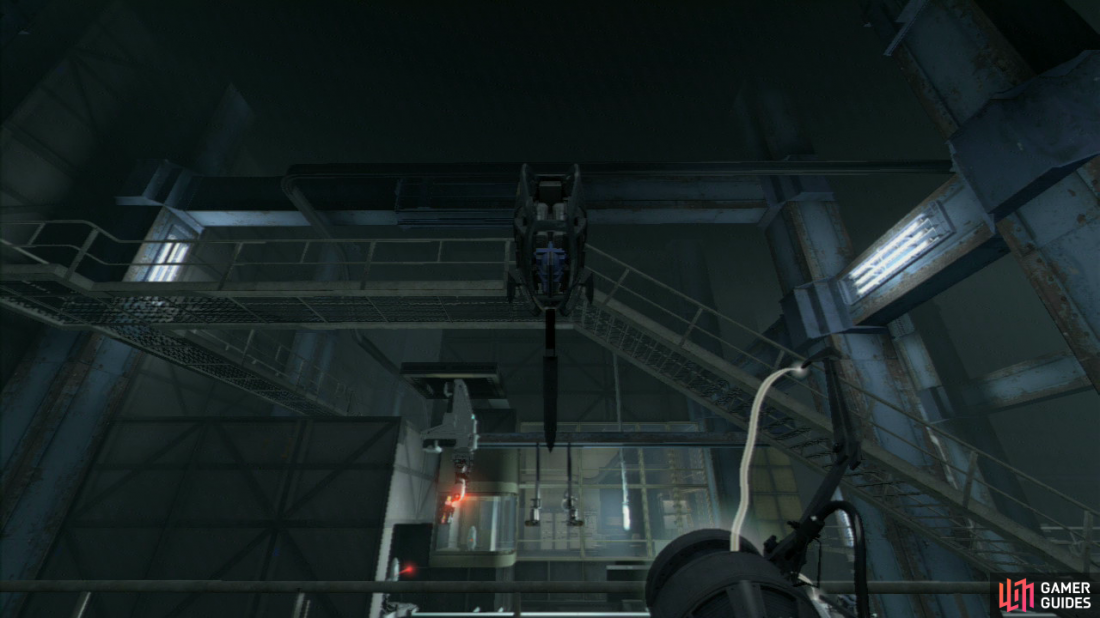 Once you reach the turret inspection room, stand by the funnel to the right of the entrance and turn around to face the turrets as theyre inspected. Look up and when a defective turret is flung your way, catch it and take it around the walkway to where Wheatley is.