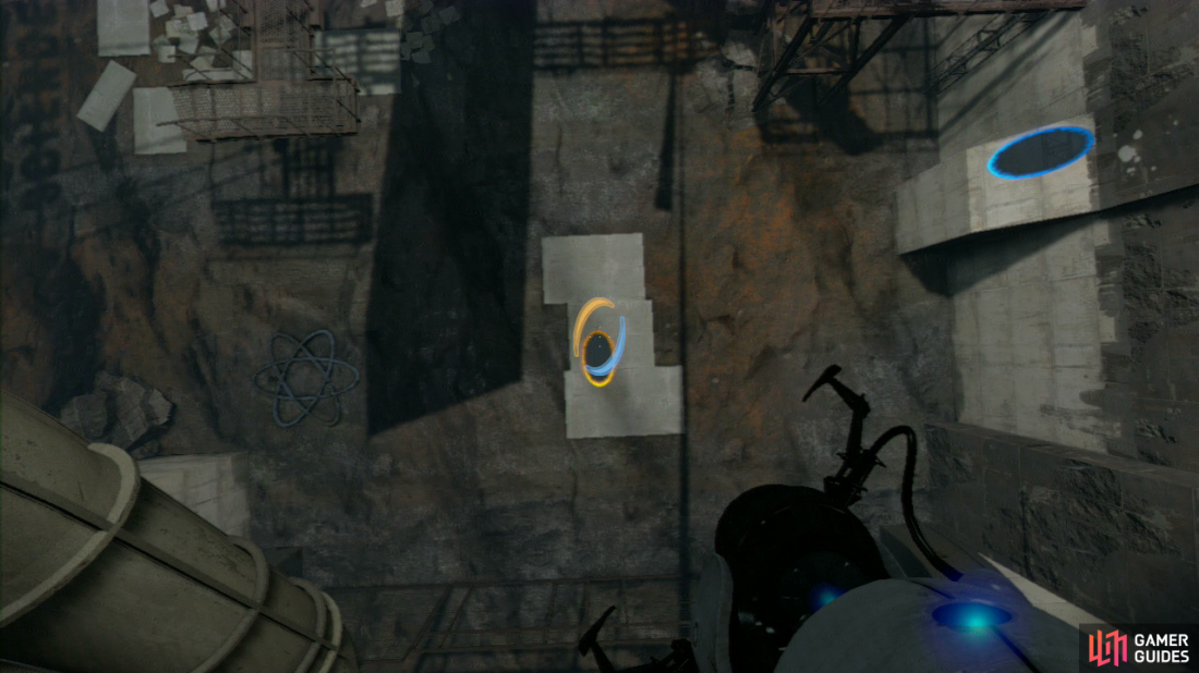 Walk around the metal girder to your left slowly until you're directly over the white floor panels below. Now look to the slanted wall panel to your right and set a portal here, now drop straight down and as you approach the floor, fire off the entrance portal, sending you flying through the exit portal and into the wall leading to the next puzzle.