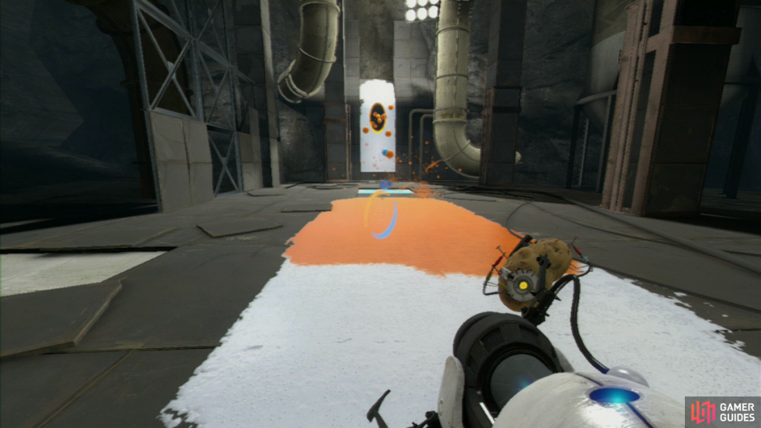 Note the colour of the portal dropping the white gel onto the wall and place it on the top of the vertical wall (just under the slant). Now fire a portal under the orange gel puddle and watch as a runway is coated in orange Propulsion Gel.