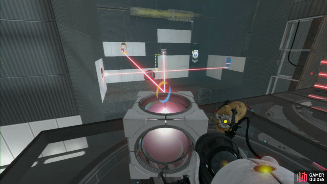 Once the platform is closer to the left side of the room, stop it from moving and position the Cube just in front of you. Get a portal on the laser beam and then one directly in front of you so it’s hitting the Cube. Direct the beam so it’s powering up the receptor positioned just above the exit.