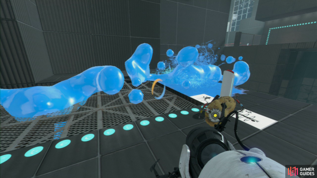 Use your portals to transport you over to the blue gel dispenser at the far end of the room. Once you’re there, set up the transportation beam so it’s passing through the back wall (under the blue gel dispenser) and across the pit. Hit the plunger and once the gel is passed the grating by your feet, cancel it so the gel coats the floor.
