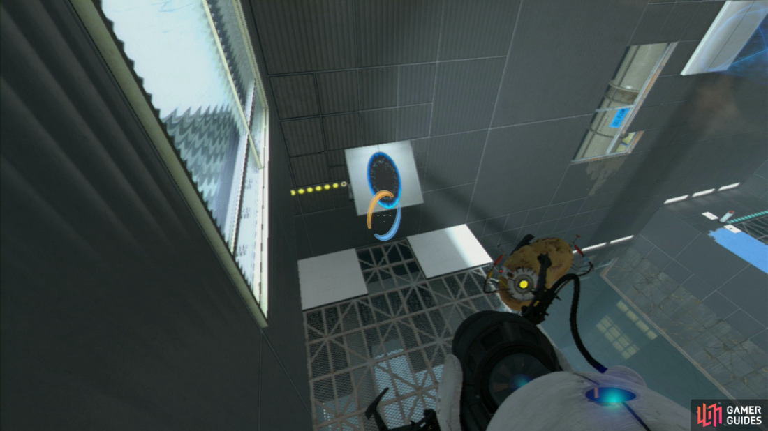 Set a transportation portal on the floor by the entrance and as you’re rising towards the ceiling, keep your sights aimed at the slanted wall panel. Once you’ve reached the top, get rid of the beam and you’ll drop through, over the glass panel and the velocity gained will take you into the blue gel and right to the exit!