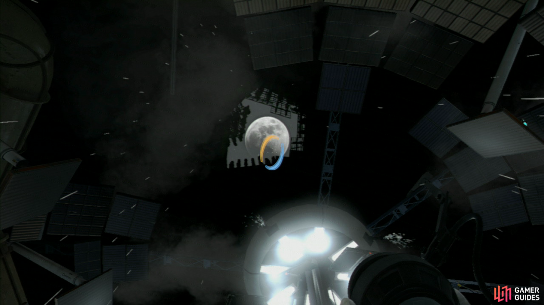 Your view will lock onto the ceiling and you’ll notice the moon appear up above you. This is your cue to fire your portal gun at the moon, triggering the end sequence! Congratulations on finishing Portal 2’s campaign! But there’s still co-op, Achievements/Trophies and the Easter Eggs to find before you’re truly finished…