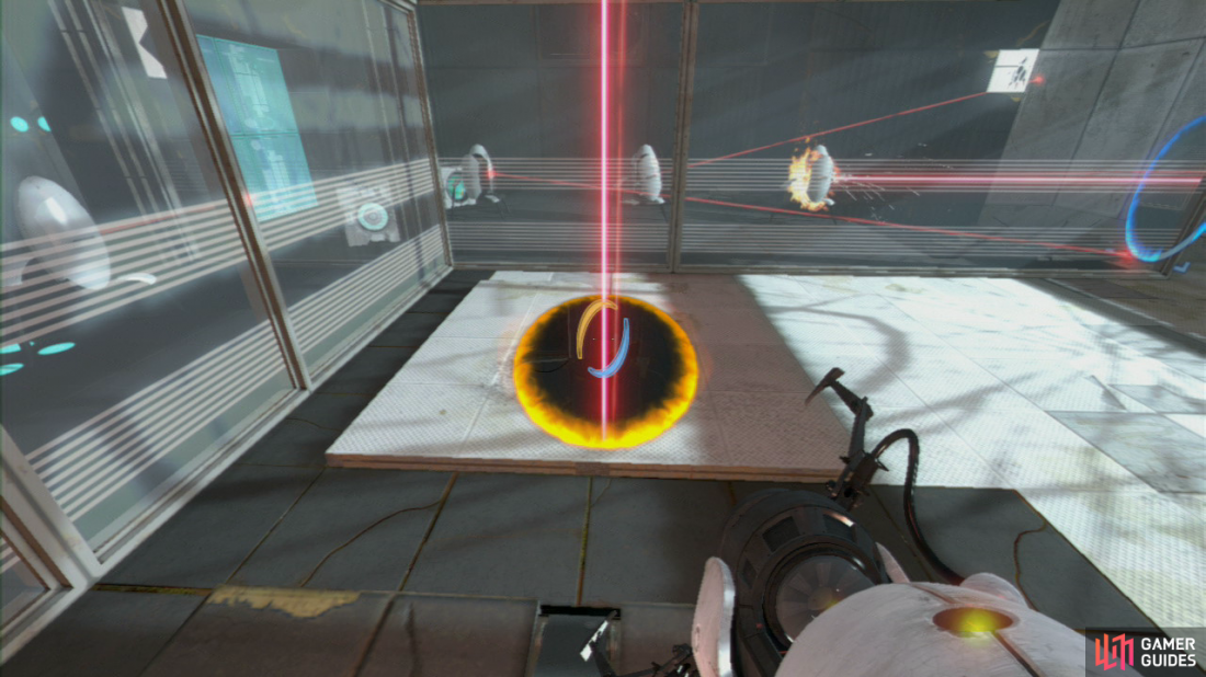 After jumping over the hidden turrets beam, position your first portal on the wall directly facing the three turrets on the right-hand side. Now stand on the red button and set the second portal directly under the laser beam.