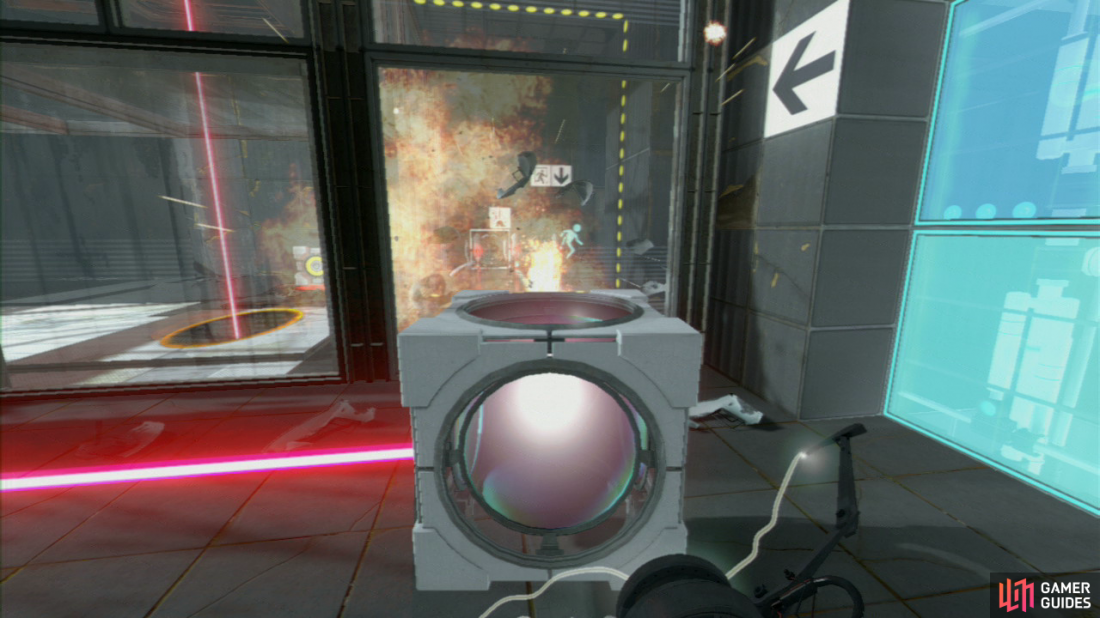 Pick up the Displacement Cube and aim it so you’re directing the beam at each and every turret on the other side of the glass, ensuring they all explode.