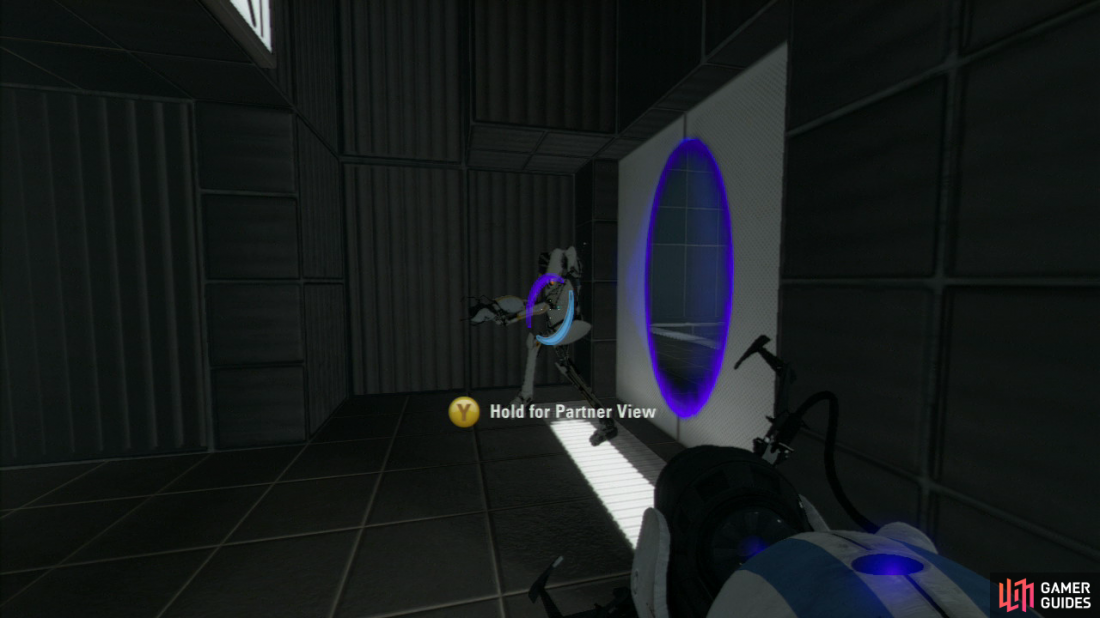 Player 1: Once you enter the locked area, set a new exit portal on the shoot-able wall on your right.
