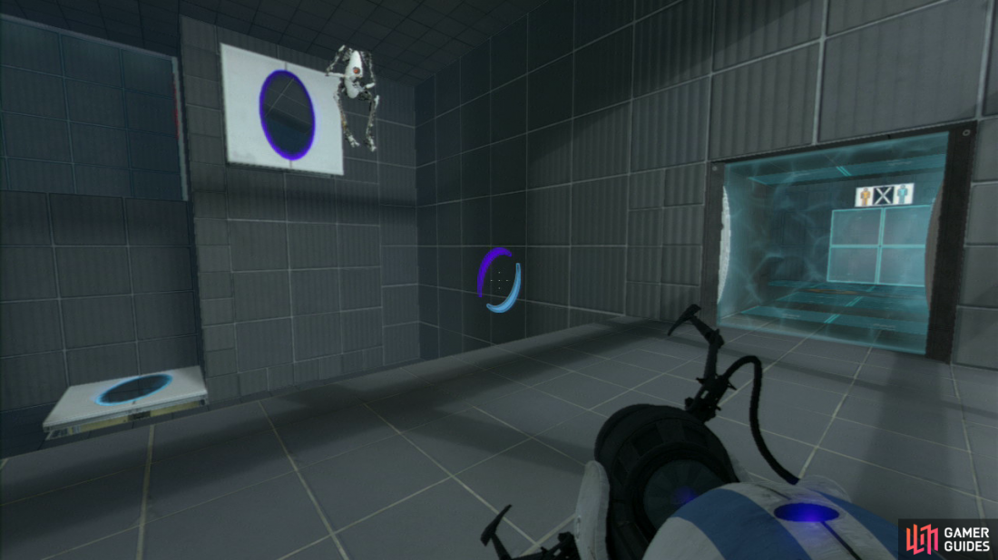 Player 1: Drop through player 2’s portal below you and you’ll land on the upper platform near the exit. Now wait for player 2 to get up to the upper platform opposite. Now set a portal on the panel below them (that you fell through), and an exit portal on the vertical wall to your right.