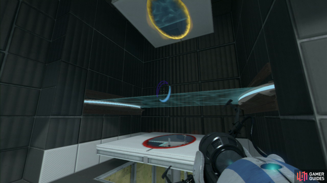 Player 2: You need to replace the portals used by player 1 in the same manner (entrance portal at the bottom and exit portal at the top) and once they’ve jumped into the infinite loop, hit the switch on your side and then immediately set the exit portal on the slanted wall in the corner.  Once you’re both on the same side, just walk into the exit elevators.
