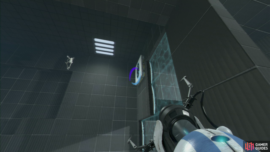 Player 1: Like in the last test chamber, this is all about using the speed generated by an ‘infinite loop’ of portals. So set your entrance portal and exit portal on the horizontal panels in the upper corner.  Once player 2 is gaining terminal velocity, walk to your left and look up in the top right-hand corner by the wall. There’s a vertical wall panel up here that you need to fire your EXIT portal on, causing player 2 to travel all the way over to the other side (across the chasm).
