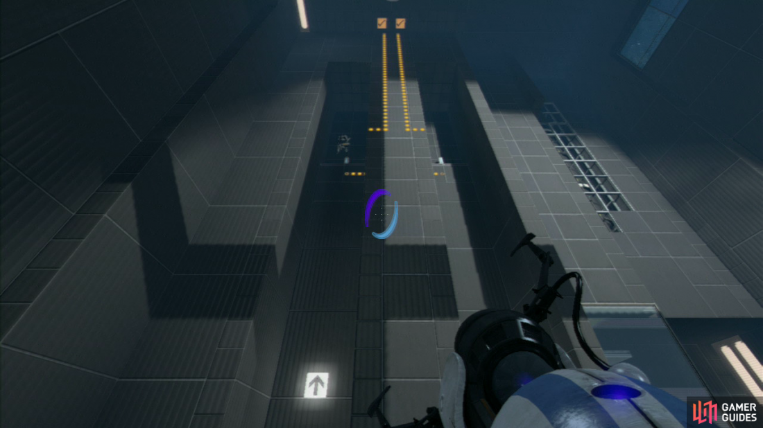 Player 1: Immediately after placing the first horizontal portal, go left and set your ENTRANCE portal on this panel. This will allow player 2 to retain their velocity as they pass through both portals.
