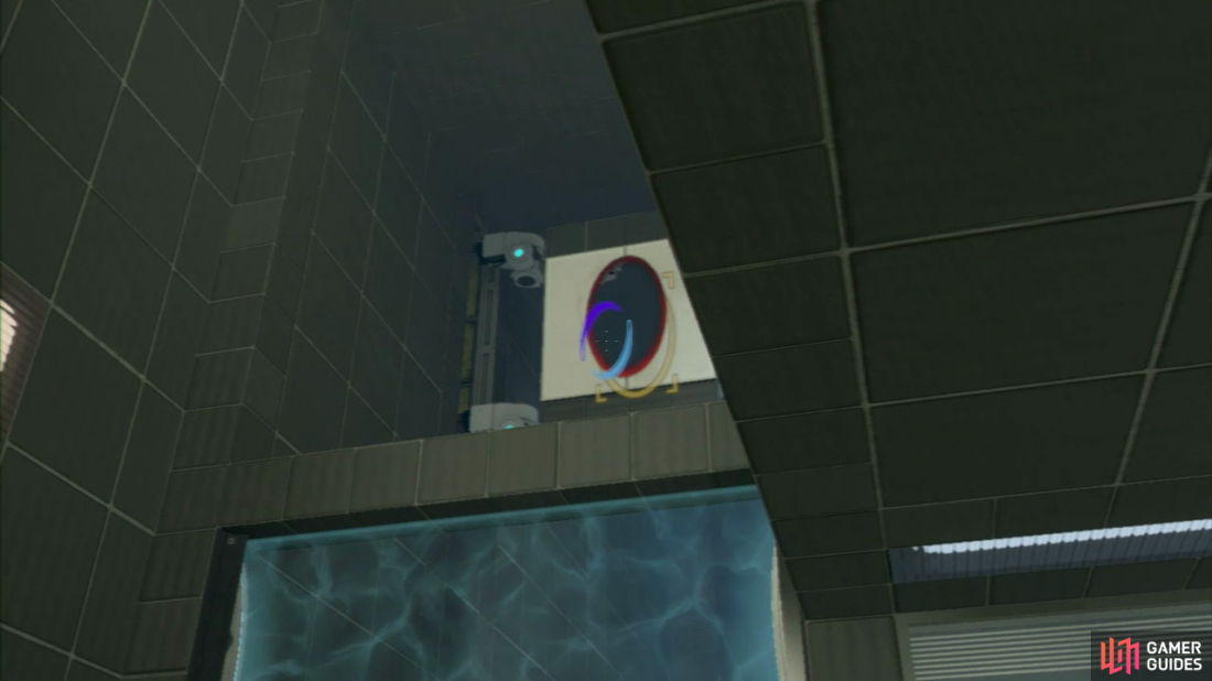 Player 2: Run on through the force field and set a portal on either side of the suspended vertical panel (up above you). This will allow player 1 to fly through to the platform above.