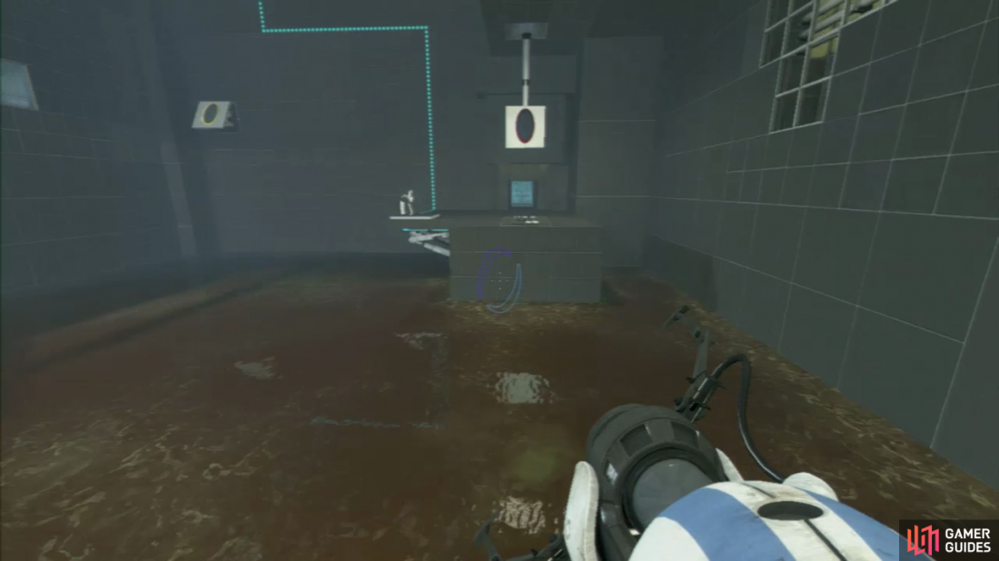Player 2: Once player 1 has completed 1 ‘lap’, wait for them to hit the Faith Plate in the water (the one that leads them directly into the wall panel). As soon as they hit the plate, press the plunger to release the Companion Cube.