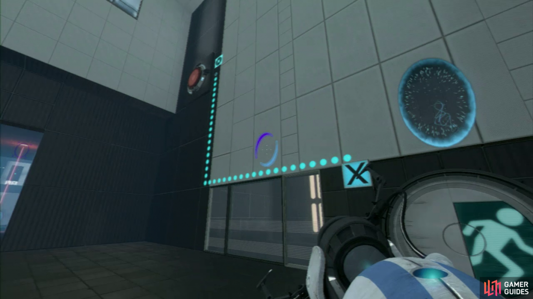 Player 1: You want to place a portal directly above the door and then another portal on the wall immediately behind the Faith Plate.