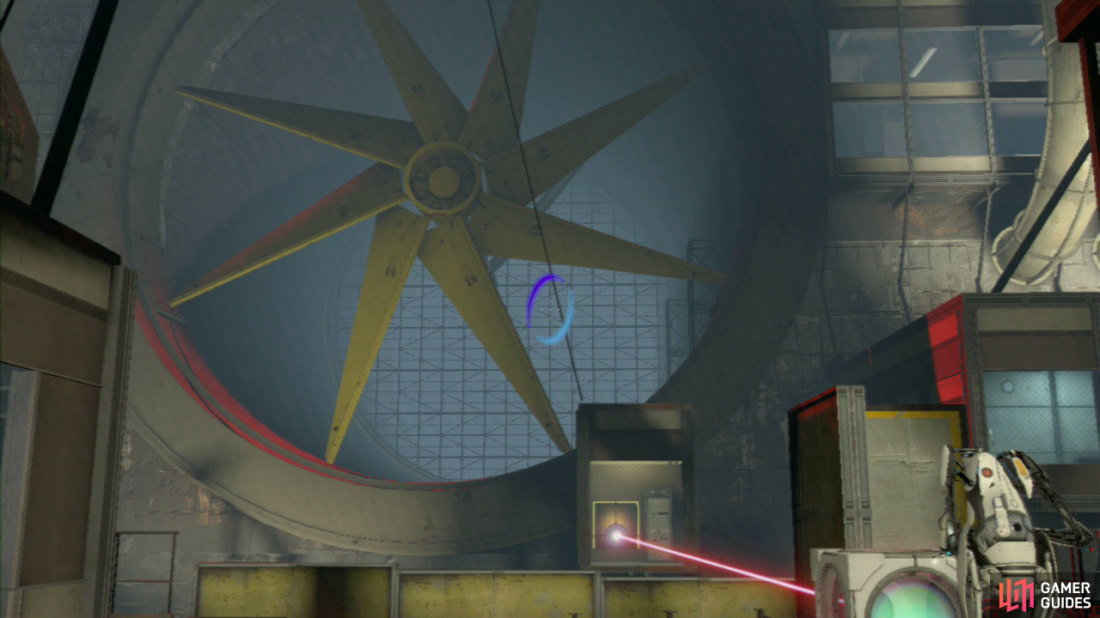 Player 1: Turn to face the left-hand wall/girders and look for the angled light coloured wall panel. Leave your original entrance portal where it is below you, and set your new exit portal up on this slanted wall. Drop back down into the lower portal and you’ll be boosted over the platform and past the giant fan blades.  Now head inside the room to your left, set a portal on the wall to the right of the desk, about halfway up (you’ll find the desk immediately in front of you as you walk through the open doorway). Now run into the room to your right, and directly underneath the clock on the wall (opposite the window), set your second portal.