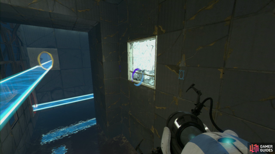 Player 2: Follow player 1 and once you step onto the second light bridge, look for the two wall panels in the far right-hand corner. Get a portal on each of these so the bridge is extended above your heads, crossing the water to your left. Drop down off the light bridge and towards the second part of the test.