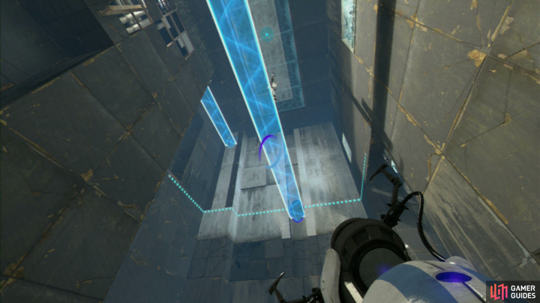Player 1: As soon as you enter the room, turn to your right and fire your first portal up at the light bridge in the upper left-hand corner of the room. Now ask player 2 to hit the Arial Faith Plate in the middle of the room and as soon as they hit the roof, fire a portal at the wall up in front of you, so it creates a bridge that player 2 can land on.