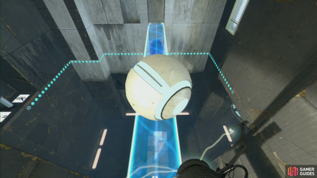 Player 2: Fire a portal at the very top of the room (so it covers the blue force field), otherwise you’ll vaporise the ball needed to exit the level. Once player 1 steps on the Faith Plate and hits the light bridge with their head, immediately get a portal underneath them, so they can land on it.