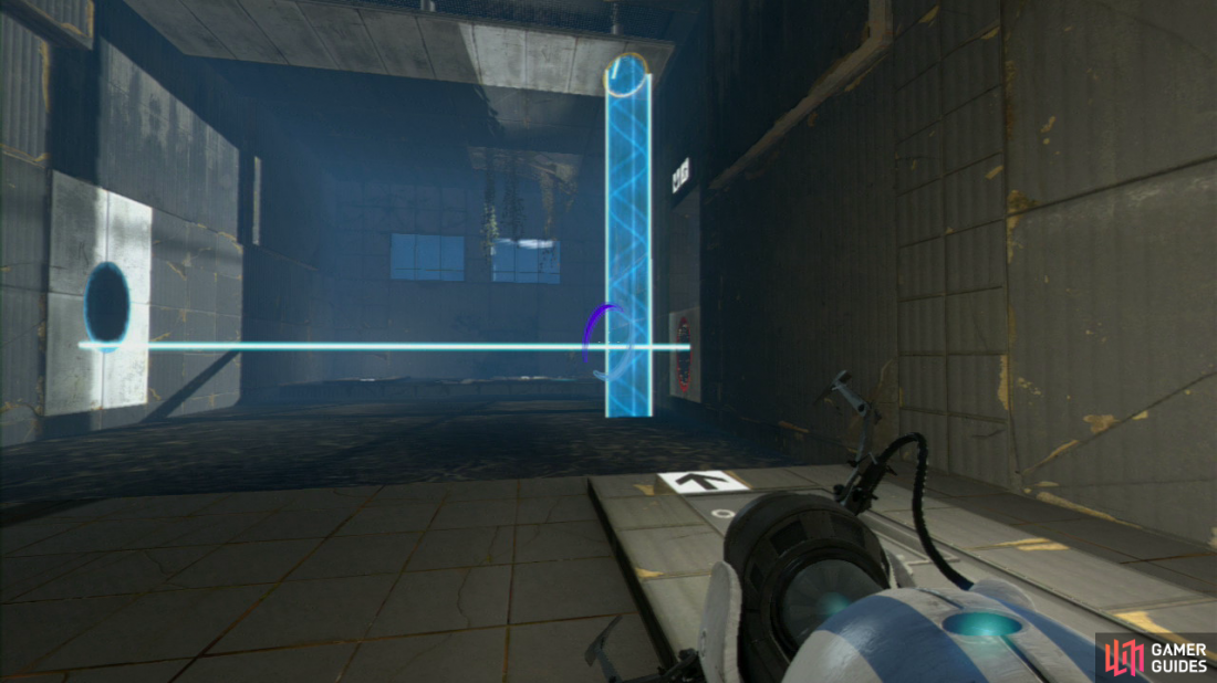 Player 1: Upon entering the second part of the test chamber, look up and to your left, you’ll see a light bridge hitting the wall. Get your first portal up here, then place a second portal on the wall panel on the left-side of the room (facing the exit). Try and get it so the light bridge creates a mini ‘step’ up to the exit.