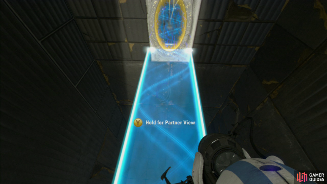 Player 2: Swap out player 1’s portal with your own at the top and then ask player 1 to stand on the Faith Plate. Just like they did with you, you need to fire an exit portal on the lower portion of the wall, so the light bridge extends underneath them.  Once player one has joined you at the top, look behind you for the slanted wall panel up in the distance and fire a portal up here. Now have your second portal positioned at the end of the light bridge you’re both currently on and this’ll create a walkway.