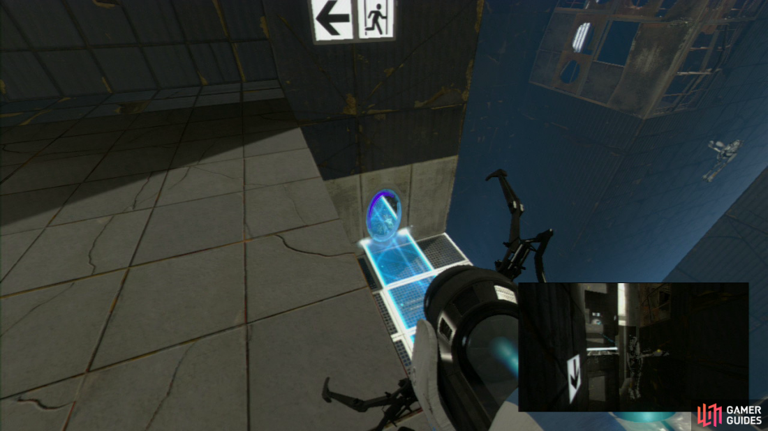Player 1: Once you’re up here, replace the light bridge on the same wall it was located on just previously, and ask player 2 to stand directly over the portal you just fell into. Once they’re ready, shoot the portal on the wall beside or below you, and watch as player 2 flies through the air right towards you and the exit.