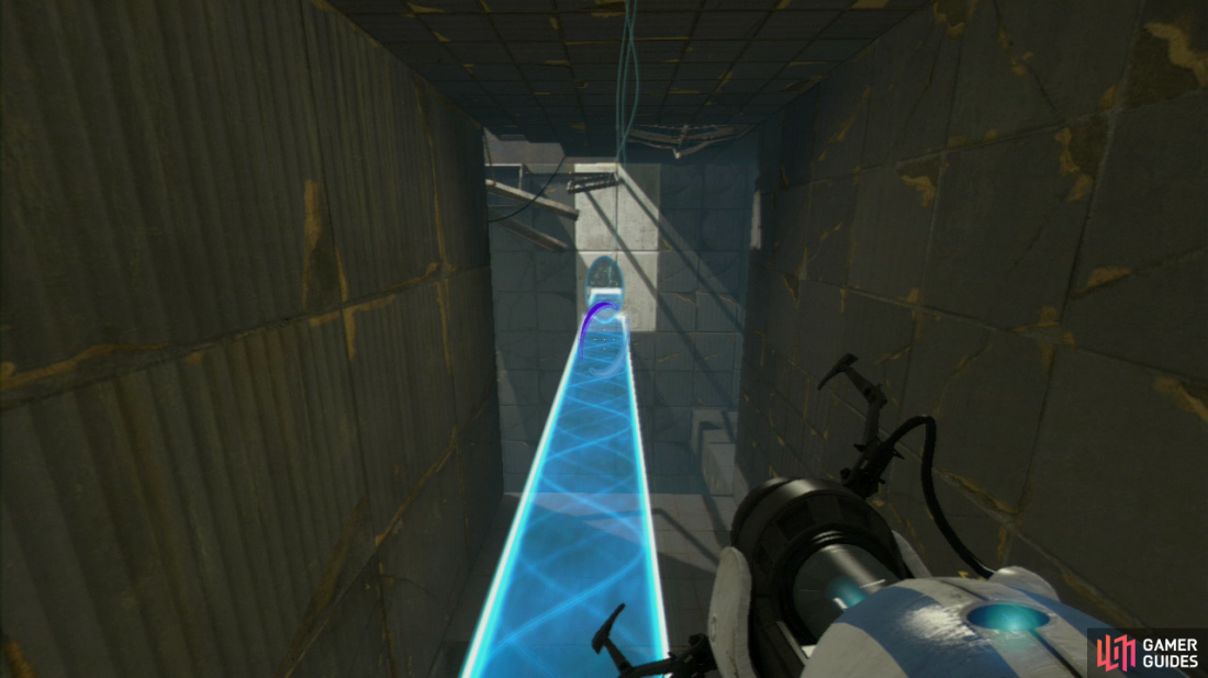 Player 1: Step onto the Faith Plate and as you ascend/descend, fire off a portal on the vertical wall up in the distance so you create a light bridge directly underneath you. Walk towards the wall and wait for player 2 to show up.