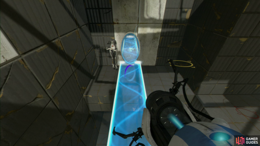 Player 1: Ask player 2 to jump off the light bridge and over to the ledge located to your right. Turn right to face the wall and set another portal on the light-coloured wall. Now place your light bridge on the lower part so you fall down on top of it. Get player 2 to follow you to the end where the both of you can jump into the alcove that leads to part 2 of the test chamber.