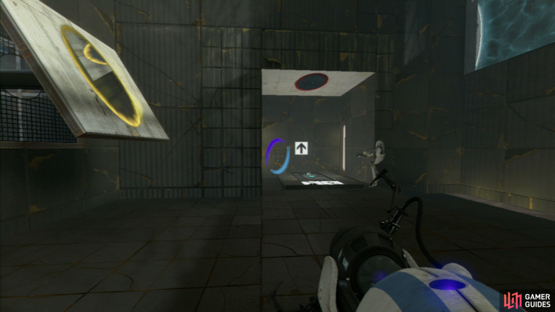 Player 2: Whilst player 1 is preparing the light bridges for you, you need to set a portal on the angled wall panel to your left and then directly above the Arial Faith Plate. Hit the Faith Plate and you’ll land in the square area just above player 1.  Fire a portal at the slanted wall in here and then drop down onto the light bridge platform player 1 created for you earlier. Now set an entrance portal back above the Faith Plate before stepping on it. This’ll send you flying across the water towards the upper ledge on the far right of the room. Once you’ve landed, you need to set a portal on the angled wall panel up here.