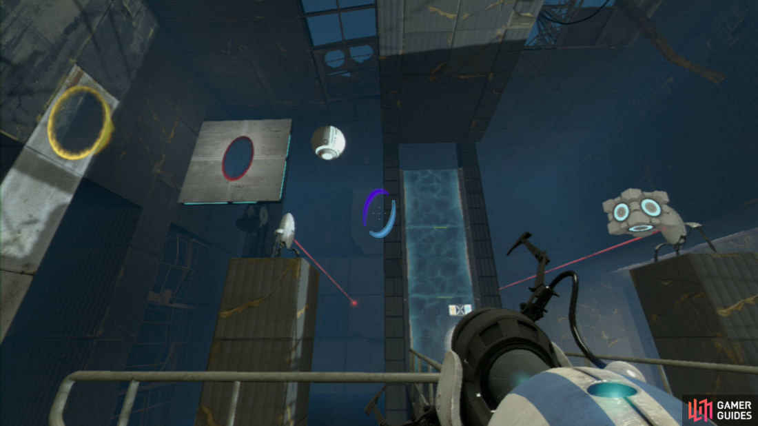Player 2: Once your colleague has joined you, you need to set a portal back up on the left-hand hanging wall panel (above the turret) and then another on the patchy pillar further to the left (directly facing said turrets). Now either you or player 1 needs to push the button to release the balls and Cubes, knocking over both sets of turrets!