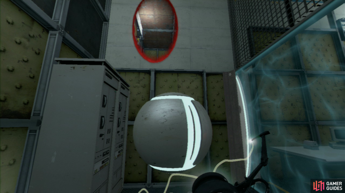Player 1: Once you cross the metal walkway into the building ahead, step into the force field on your left and immediately turn to face the pipe on left. Now pick up the weighted ball and turn around to face the wall behind you.