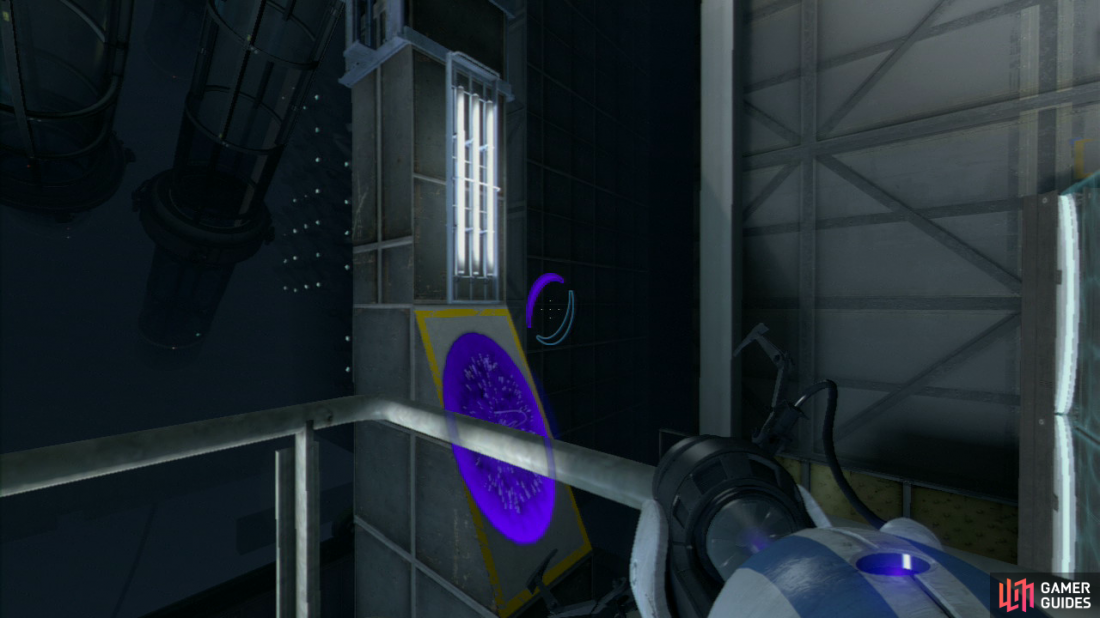 Player 1: Run down the walkway and take a left towards the blue force field and run on through it. Look for the slanted wall panel to your right (it has a yellow border running around it), and set your first portal right here. Now look directly above you and you should spot a second shoot-able wall panel (again covered in a yellow border). Fire your second portal up here.