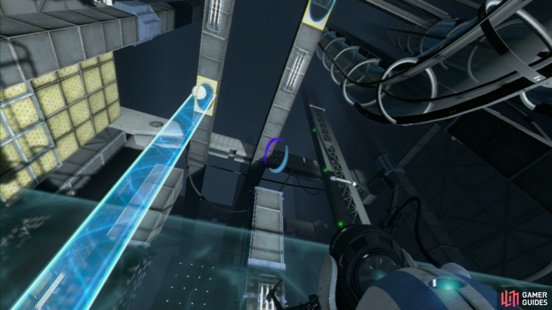 Player 2: Your task is to stay away from the force field, and instead focus on the horizontal light bridge located to your left. You’ll want a portal on the wall it’s hitting and you’ll want to place your second portal on the vent just above your head (behind the force field still). This’ll create a barrier that’ll catch the ball as it flies into it, bouncing it into the portal player 1 just created a few seconds ago.