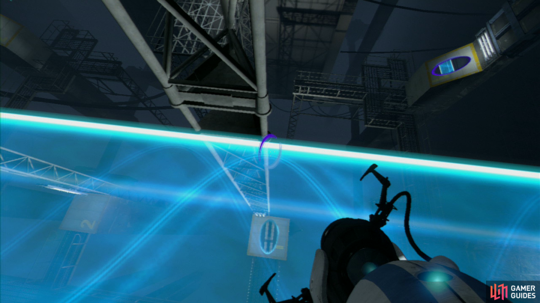 Player 1: Walk across the light bridge until you’re standing directly above the square piece of floor with the Number ‘1’ painted on it. Fire a portal onto this piece of floor so you’re directly above it. Now look for the slanted wall panel located up and to your right a bit, this is your exit, so set your second portal here.