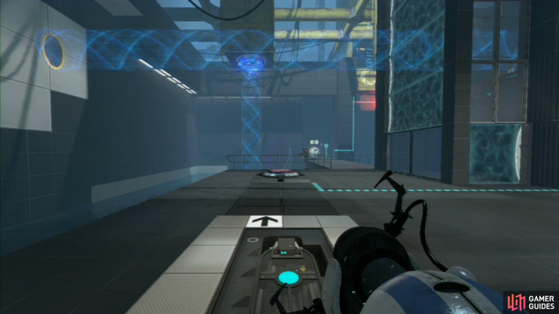 Player 2: Make your way down to the red button on the ground and turn to face the wall on your left (where a series of wall tiles are ‘stair casing’ themselves up towards the ceiling). Get your first portal slap bang in the middle of the top right-hand set of tiles, so it’s facing directly opposite the blue force field. Now get your second portal on the horizontal tile where the excursion funnel to your right is currently going (this’ll create a funnel that’ll lead right past the force field).