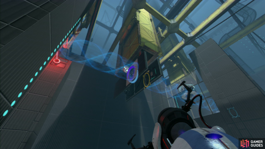 Player 1: Zoom in and fire your first portal where the ball is hitting the wall, then run to the far left-hand side of the room (towards the exit) and look up towards the red laser beam high up. Opposite is a white vertical wall panel, place your second portal here, this’ll allow the sphere to pass through where it’ll stop at the beam, opening the door to the exit!
