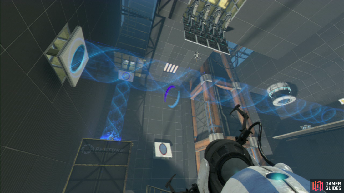 Player 1: Stand on the red button on the floor and this’ll lower a vertical barrier from the roof above. Now look to the left-hand wall and you should notice a single vertical wall panel jutting out from the wall. Fire your exit portal here (so the excursion funnel is now running horizontal from left to right, across the room). This in turn will cause player 2 to drop like a stone.